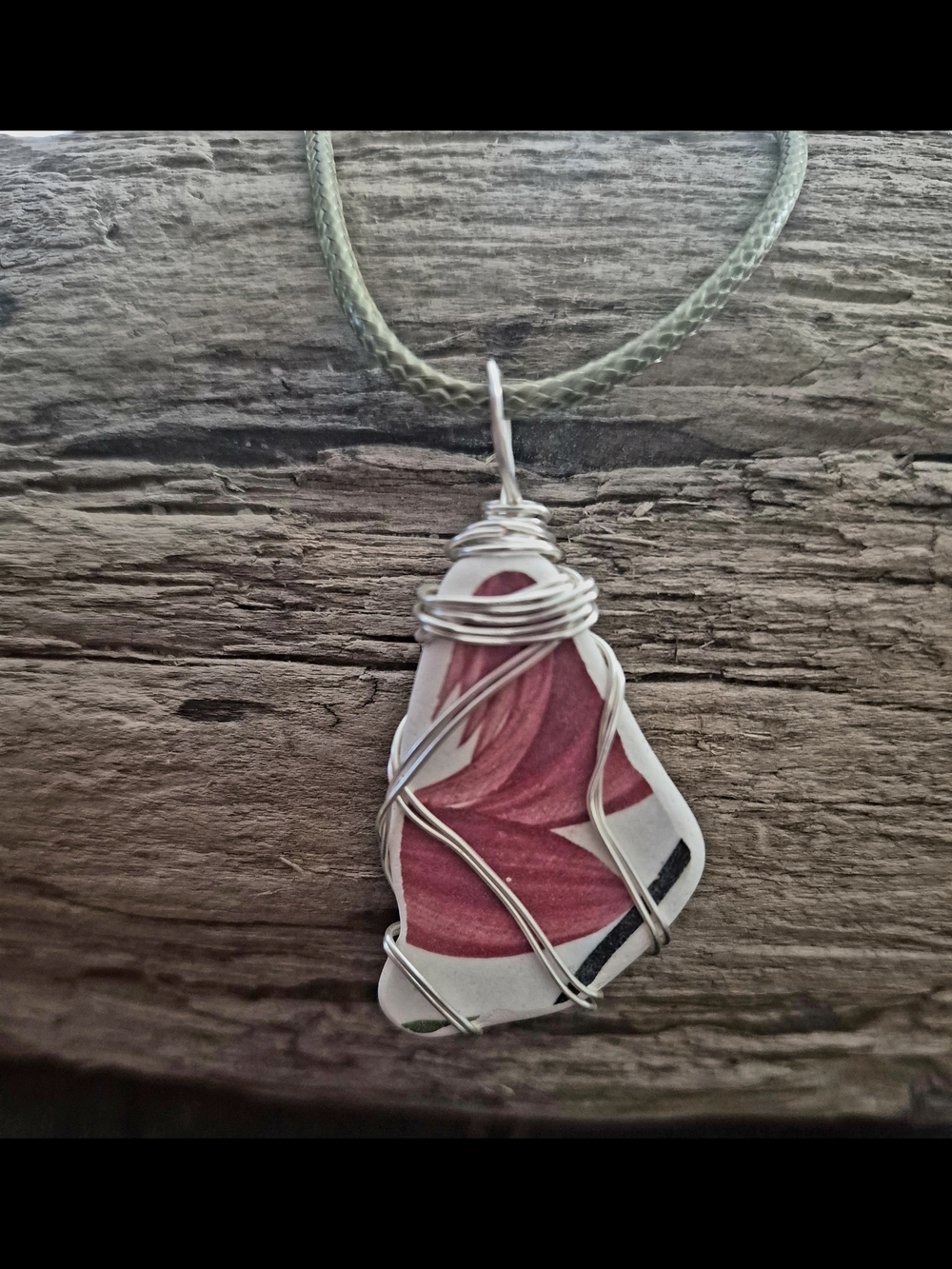 Handmade Red Pattern Wire-Wrapped Sea Glass Pendant Necklace